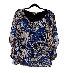Studio Works Womens XL Blue Paisley Chiffon Overlay Lined Blouse Scoop Neck Top